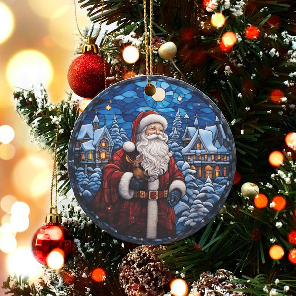 Snowy Village Christmas Ornament, Stained Glass Santa Ornament, Ceramic Santa Claus Decor, Winter Holiday Ornament, Family Ke