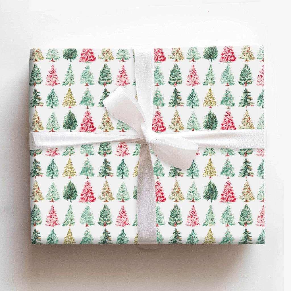 Pine Holiday Gift Wrap Paper, Watercolor Christmas Tree Wrapping Paper, Red Green Gold Gift Wrap Roll, Festive Present Wrappi