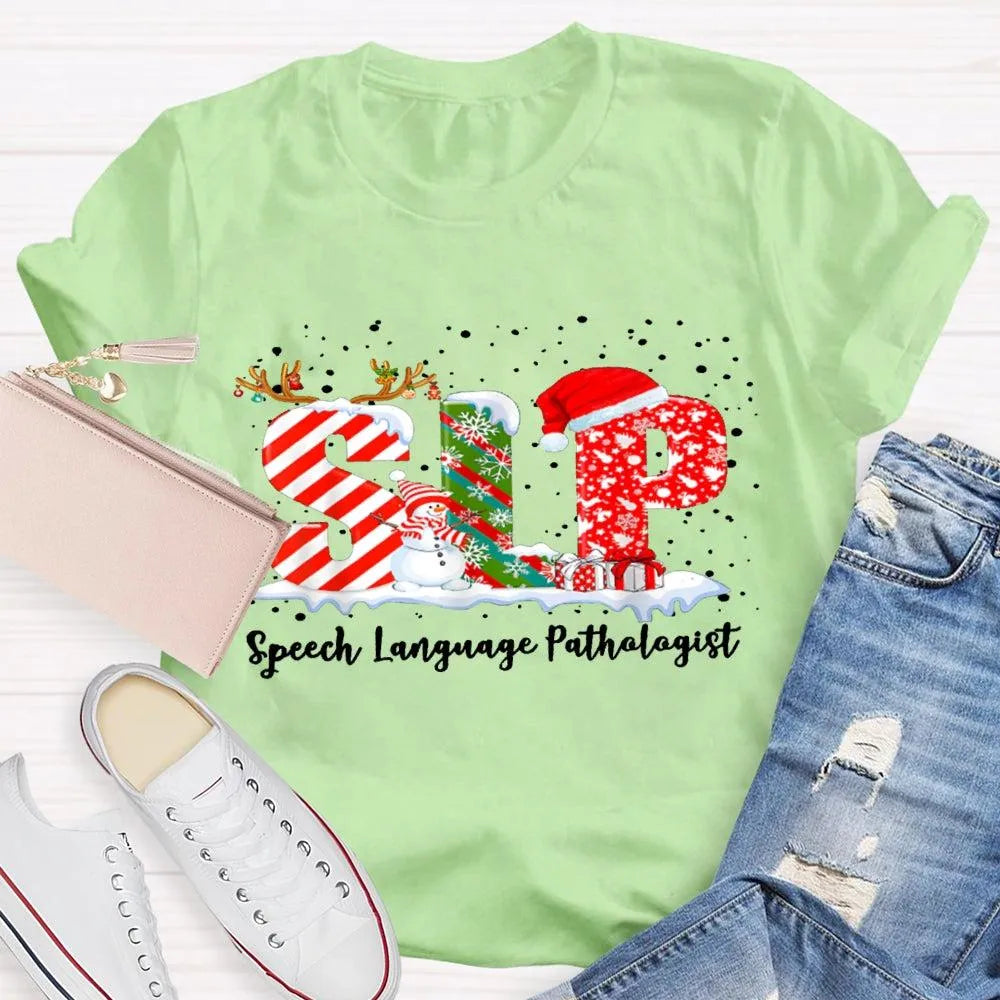 Speech Language Pathologist Tee, SLP Snowman Christmas Shirt, Holiday Speech Therapist T-Shirt, Winter SLP Graphic Tee, Speec