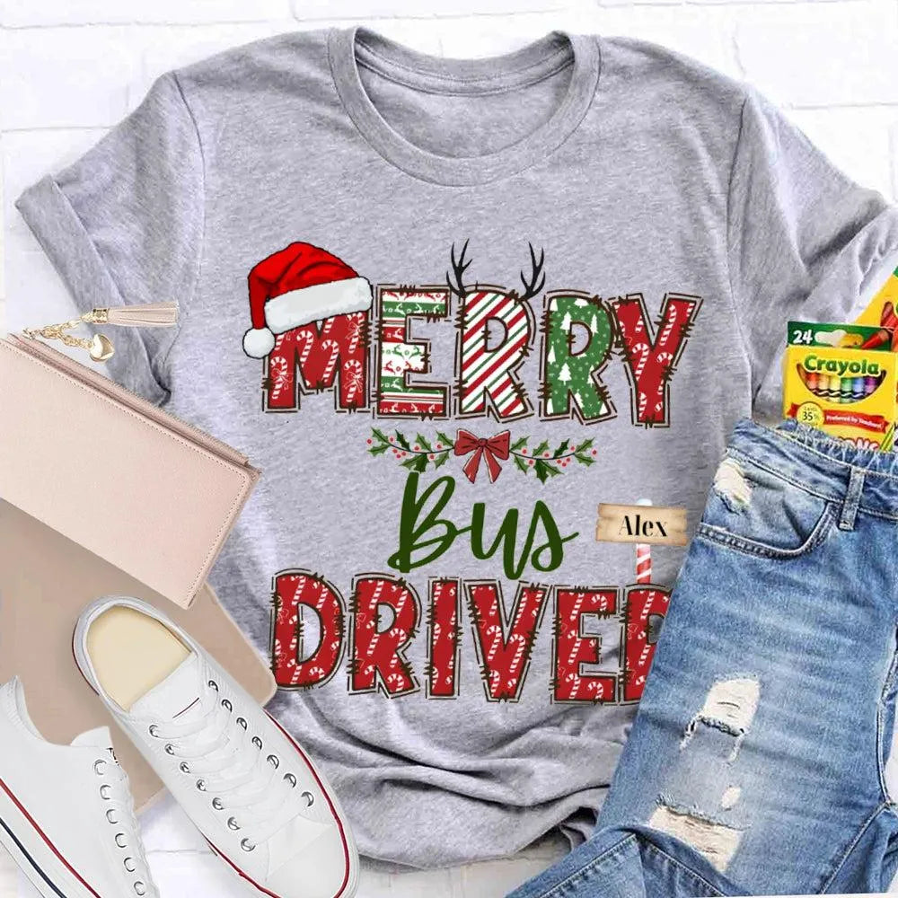 Custom Santa Hat Holiday Graphic Tee, Personalized Bus Driver Christmas T-Shirt, Merry Christmas Driver Shirt, Adorable Xmas 
