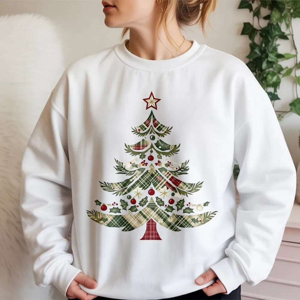 Comfy Holiday Graphic Crewneck, Plaid Christmas Tree Sweatshirt, Rustic Plaid Tree Sweater, Adorable Winter Xmas Pullover, Fe