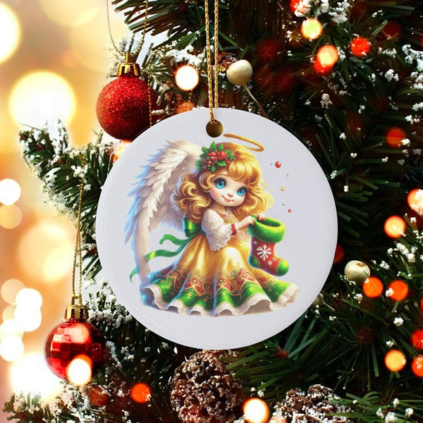 Christmas Angel Ornament, Adorable Cherub with Stocking Ornament, Ceramic Cherub Holiday Ornament, Angel Tree Keepsake, Holid