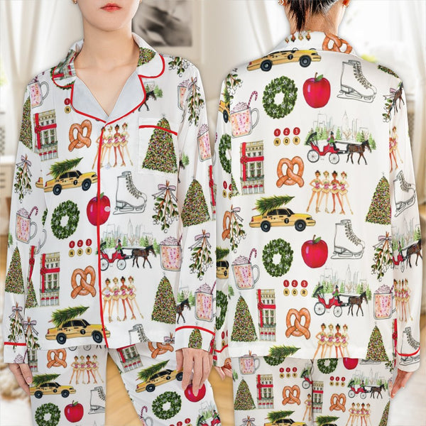 NYC Holiday Satin Pajamas, New York City Christmas Pajama Set, City Travel Sleepwear, Button Up Loungewear Set, Festive Prese