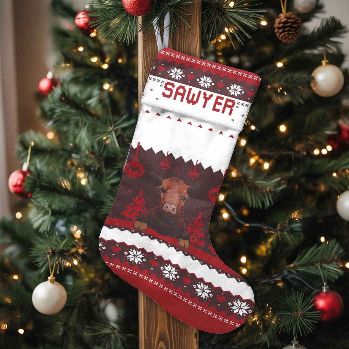 Rustic Farmhouse Holiday Stocking, Personalized Cow Christmas Stocking, Custom Name Cattle Stocking, Western Family Christmas