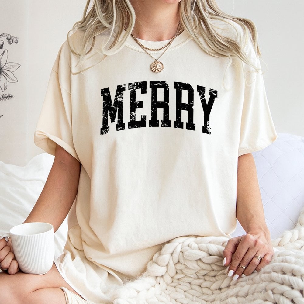 Distressed Varsity Lettering Holiday Graphic Tee, Merry Christmas T-Shirt, Retro Winter Christmas Shirt, Xmas Family Present