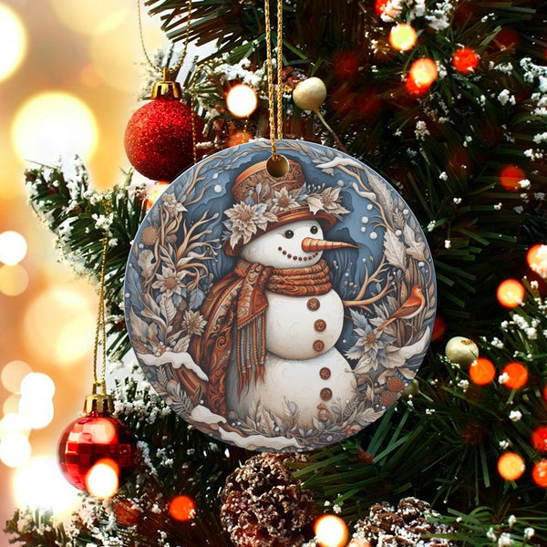 Winter Floral Bird Snowman Ornament, Folk Art Snowman Christmas Ornament, Comfy Ceramic Tree Ornament, Holiday Keepsake Prese