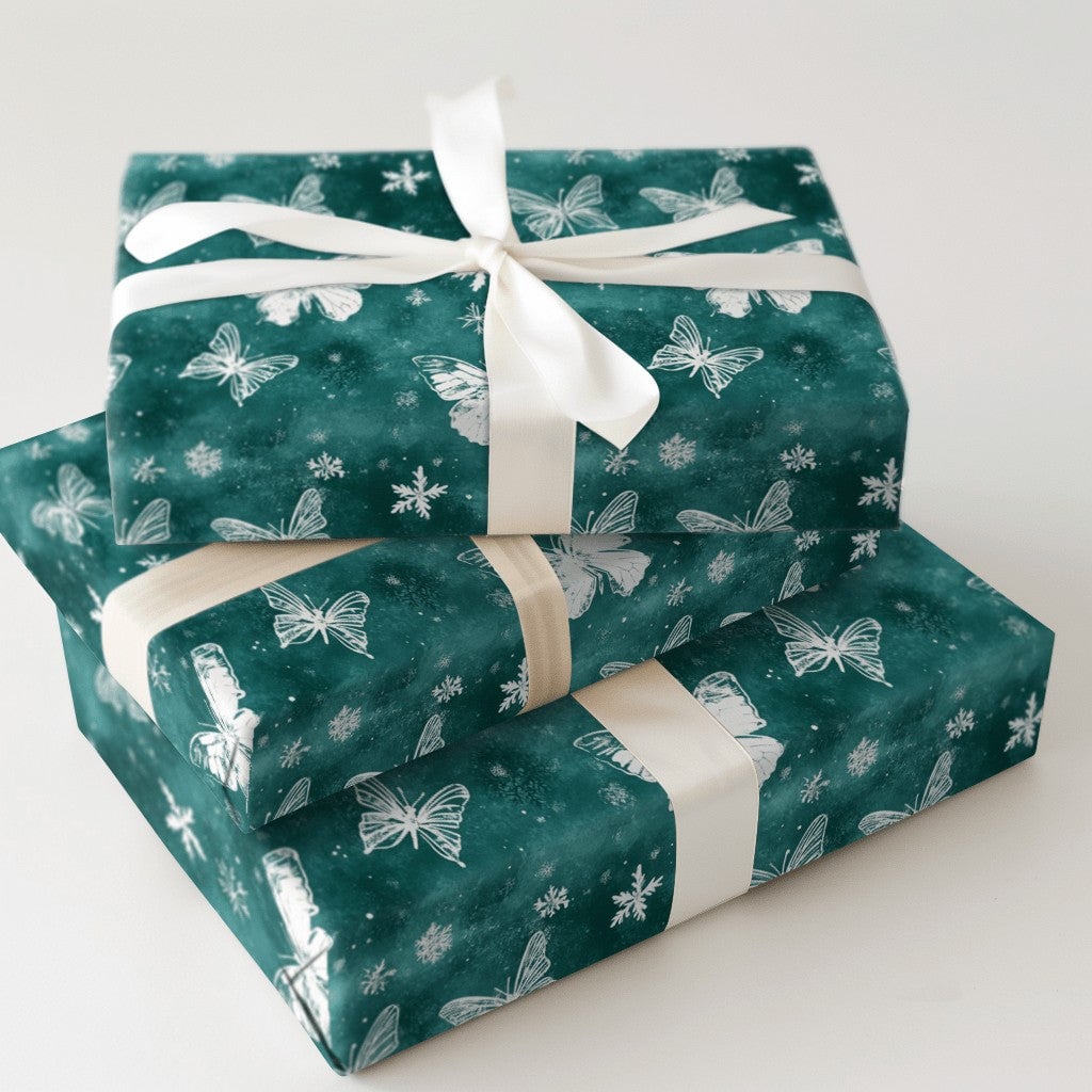 Teal Snowflake Gift Wrap, Winter Butterfly Wrapping Paper, Elegant Nature Holiday Wrapping Paper, Christmas and Birthday Pres