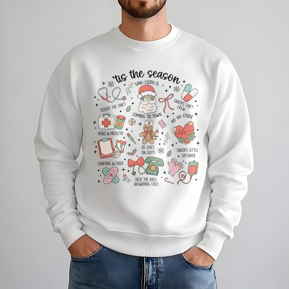 Humorous Medical Holiday Icons Crewneck, Nurse Christmas Sweatshirt, RN Hospital Staff Xmas Sweater, Healthcare Worker Holida