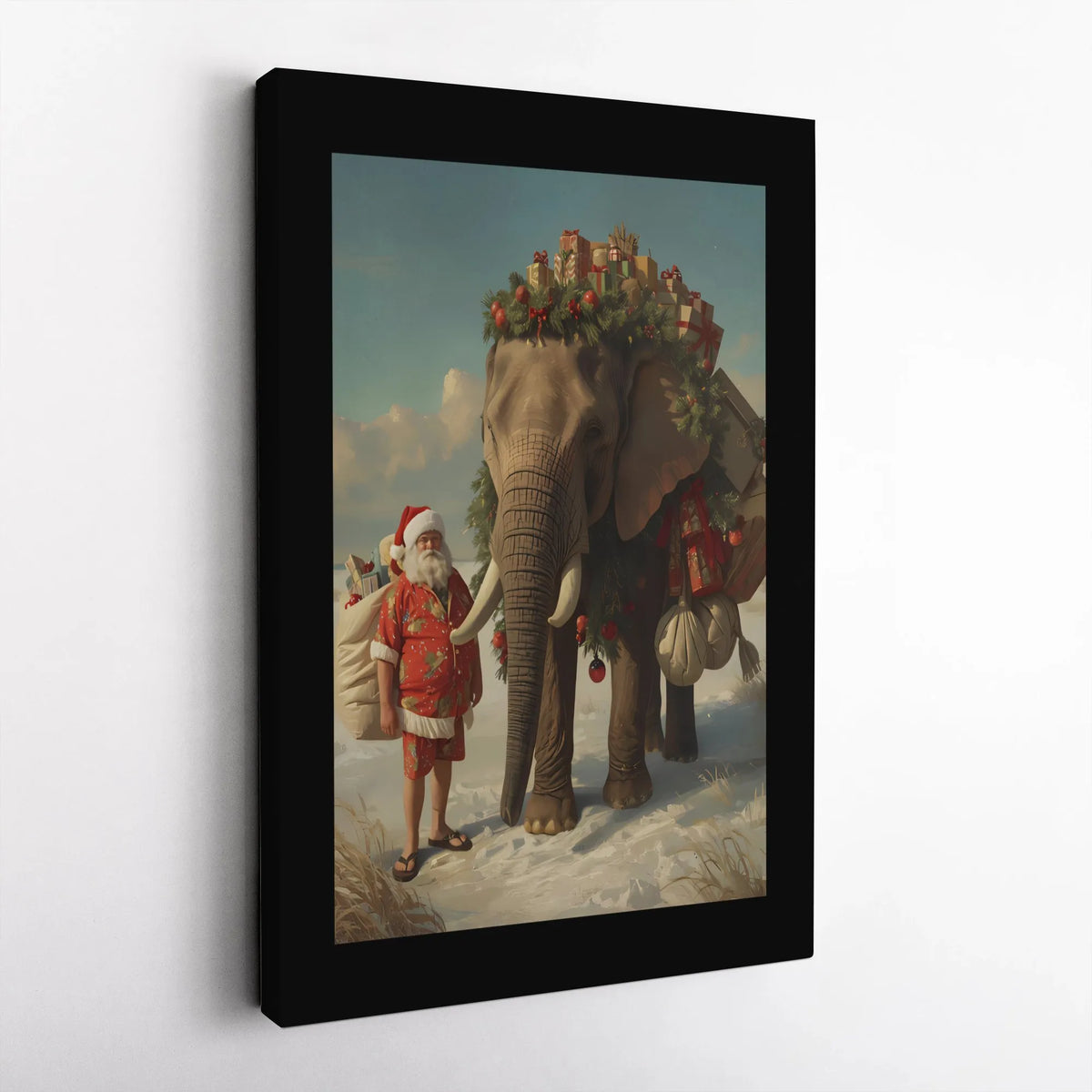 Whimsical Holiday Animal Canvas Art, Tropical Santa Claus Elephant Canvas, Festive Safari Christmas Canvas Print, Winter Wild