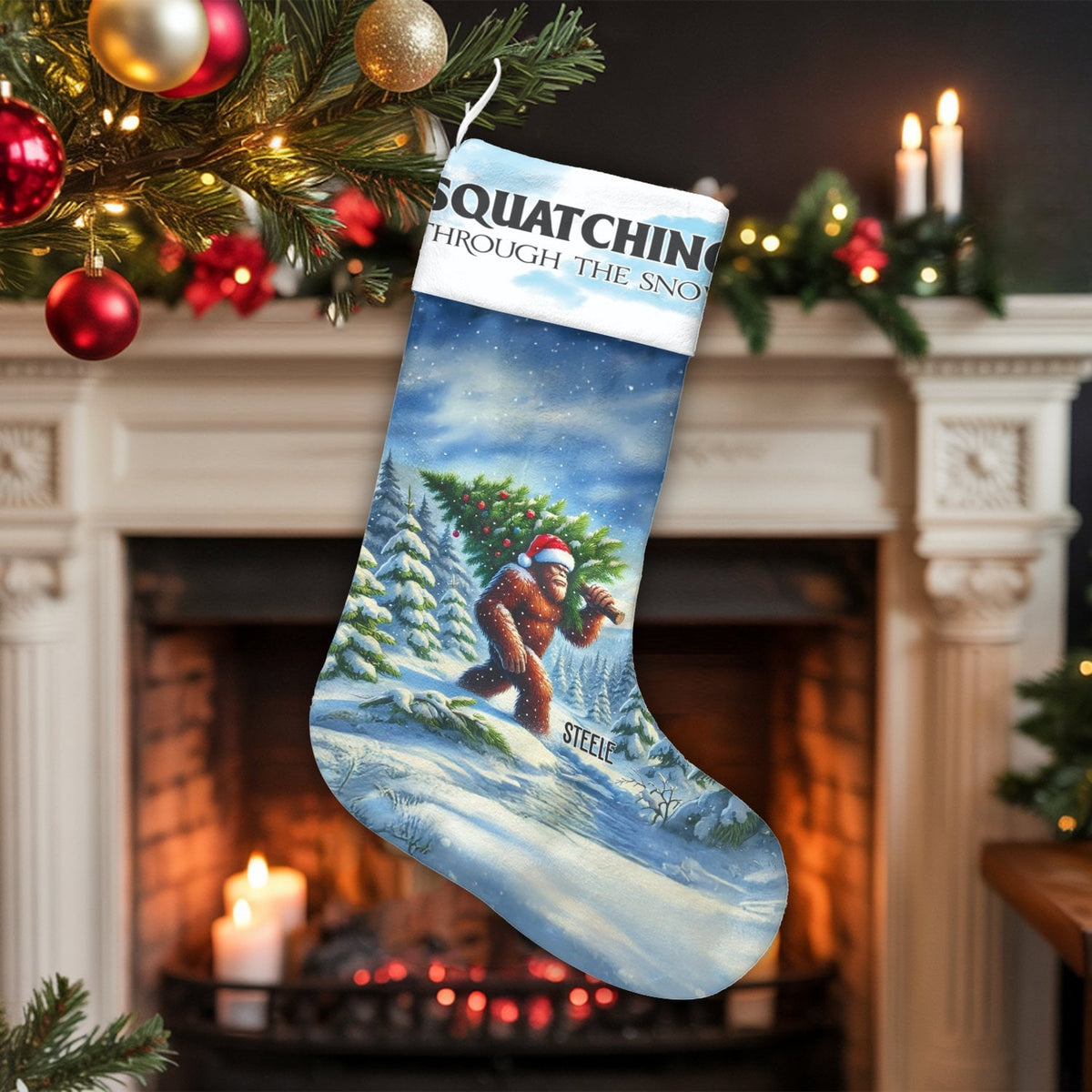 Bigfoot Holiday Stocking, Squatching Through the Snow Christmas Stocking, Personalized Christmas Stocking, Sasquatch Fireplac