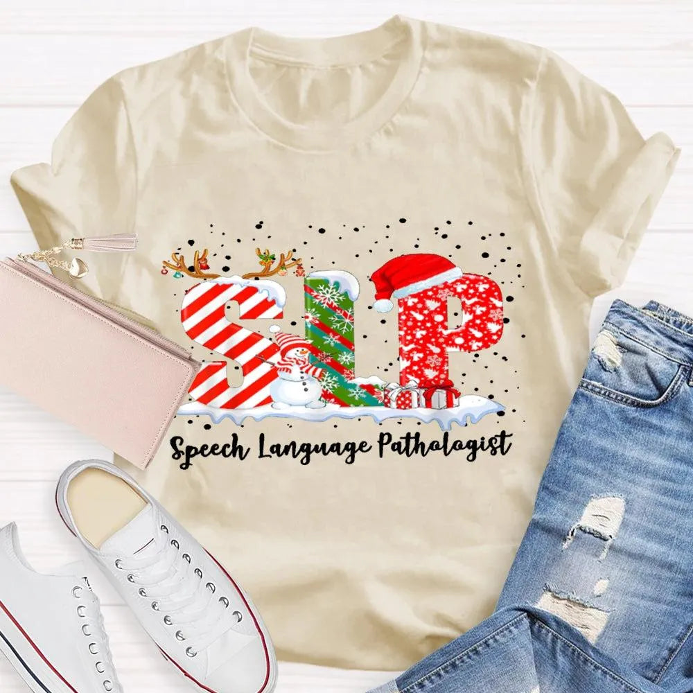 Speech Language Pathologist Tee, SLP Snowman Christmas Shirt, Holiday Speech Therapist T-Shirt, Winter SLP Graphic Tee, Speec