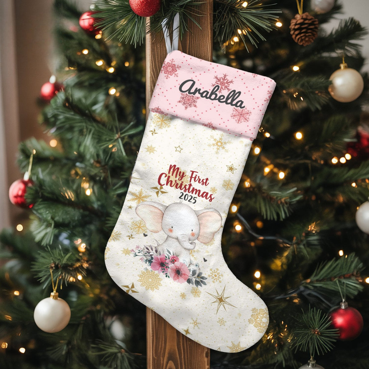 Custom Newborn 2025 Christmas Stocking, Personalized Elephant Baby First Christmas Stocking, Velboa Baby Holiday Stocking, Ke