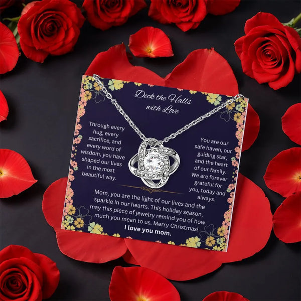 Holiday Mother Knot Necklace with Message Card, Christmas Love Knot Necklace for Mom, White Gold Finish Love Knot Jewelry, Xm