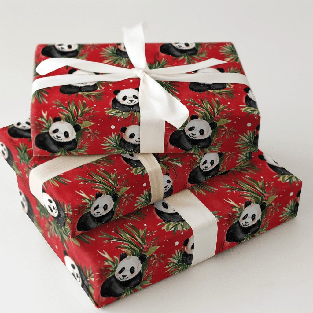 Holly and Berry Gift Wrap, Christmas Panda Bear Wrapping Paper, Red Holiday Wrapping Paper, Adorable Animal Lover Festive Gif