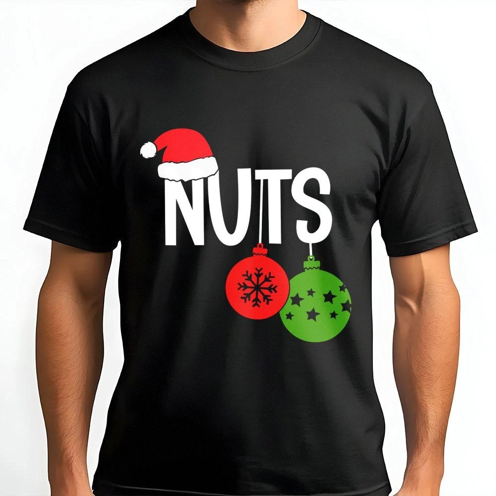 Humorous Holiday Couple Matching Ornament Shirt, Christmas Nuts T-Shirt, Retro Dirty Santa Joke Graphic Tee, Adult Xmas Humor
