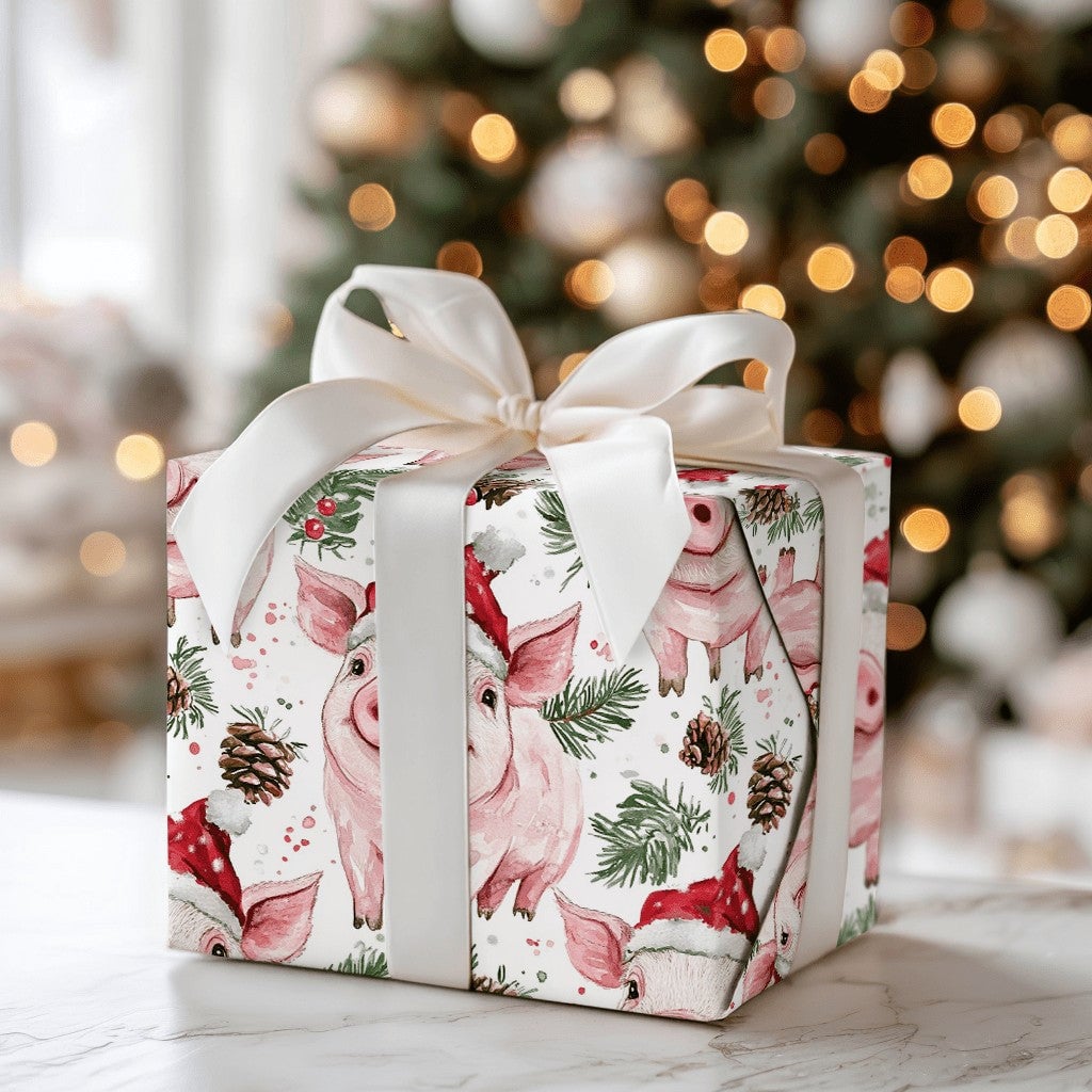 Adorable Watercolor Piglet Gift Wrap, Santa Hat Pig Wrapping Paper, Festive Animal Christmas Wrapping Paper, Whimsical Holida