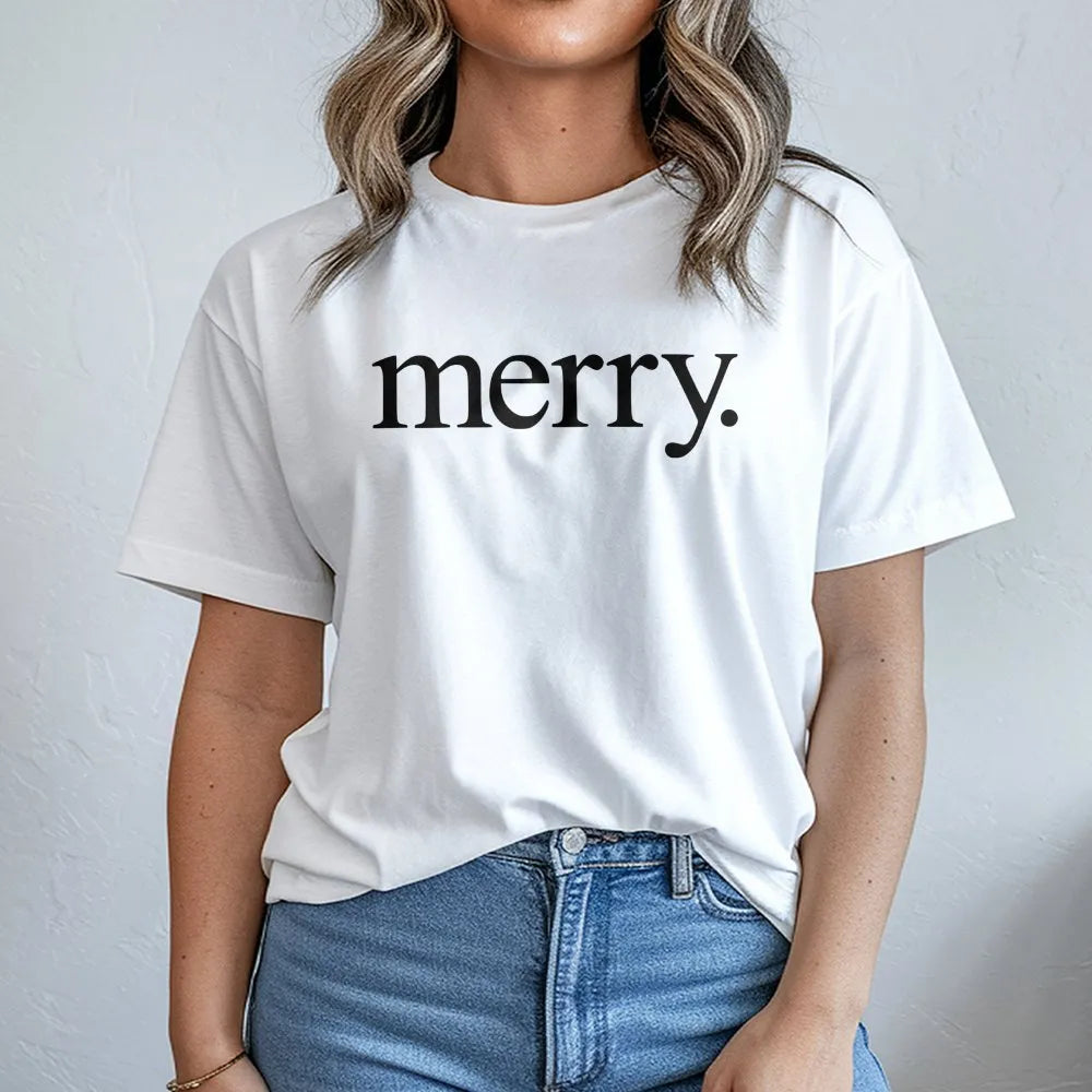 Festive Holiday Typography Graphic Tee, Minimalist Merry Christmas Shirt, Adorable Vintage Merry Xmas T-Shirt, Comfy Family H