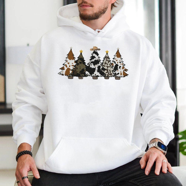Cowhide Print Trees Cowboy Hat Hooded Sweatshirt, Western Christmas Hoodie, Southern Country Holiday Pullover, Rodeo Xmas Gra
