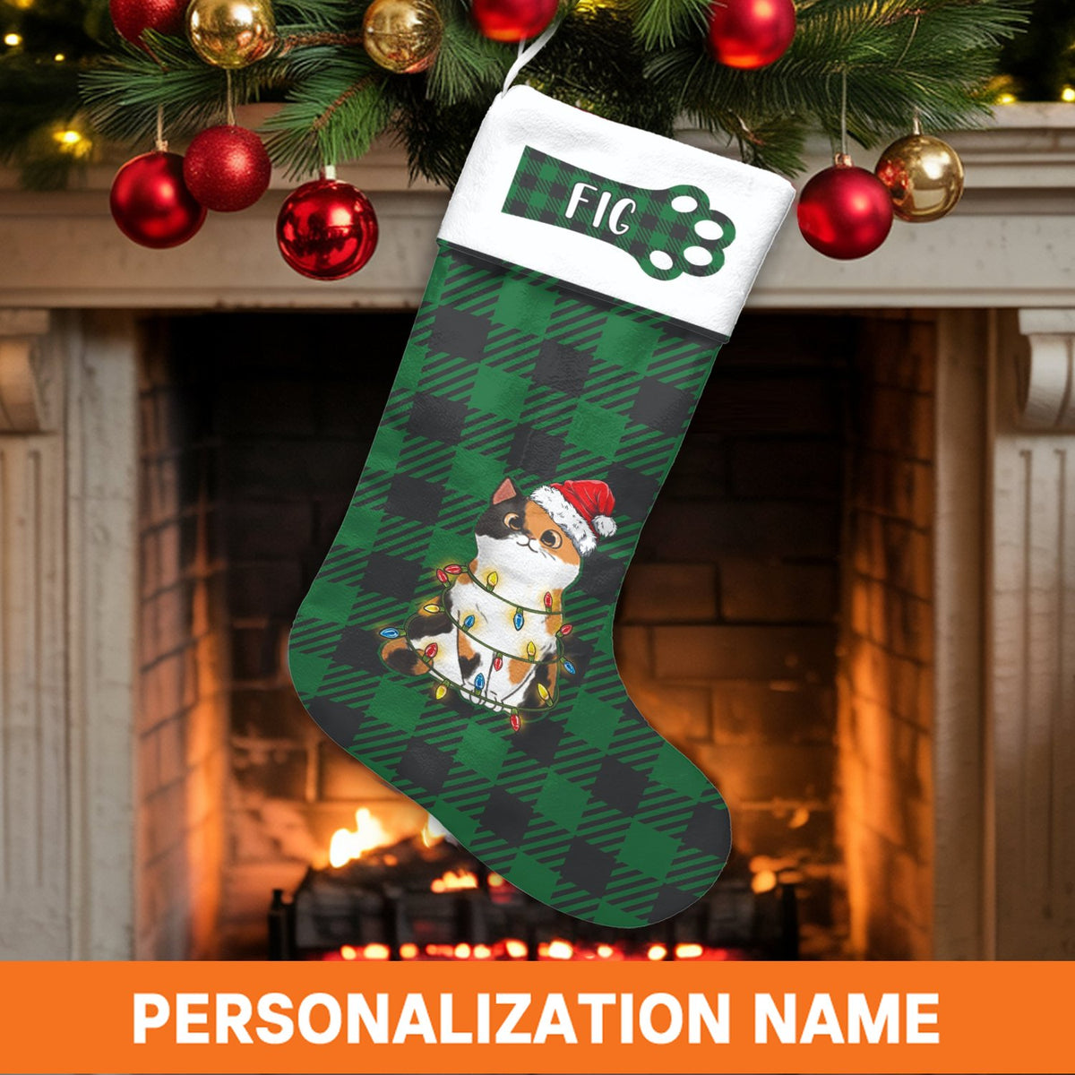 Personalized Cat Stocking, Calico Cat Christmas Stocking, Green Plaid Christmas Stocking, Pet Holiday Stocking Decor, Cat Lov