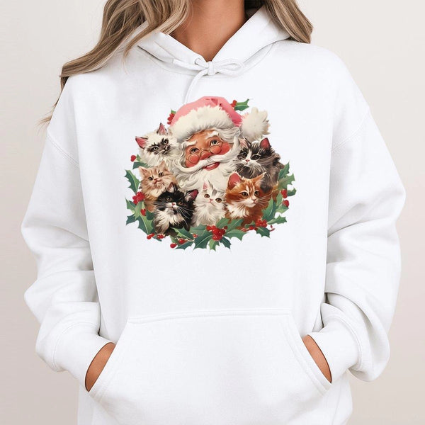 Adorable Kitten Holiday Hoodie, Santa Cats Christmas Hoodie, Retro Cat Lover Hoodie, Comfy Winter Kitty Pullover, Holiday Pre