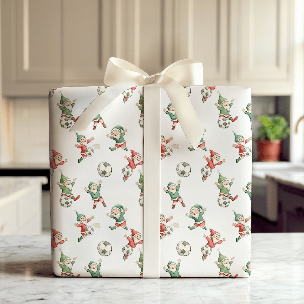 Holiday Sports Gift Wrap, Soccer Gnome Christmas Wrapping Paper, Xmas Gnome Wrapping Paper, Festive Soccer Gift Wrap, Holiday