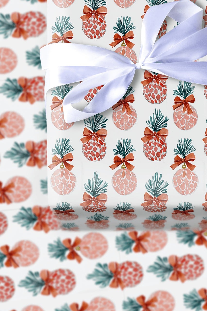 Pink Fruit Holiday Gift Wrap, Tropical Pineapple Christmas Wrapping Paper, Festive Present Wrap, Unique Winter Wrapping Paper
