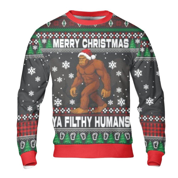 Bigfoot Ugly Christmas Sweater, Merry Christmas Ya Filthy Humans Sweatshirt, Humorous Sasquatch Holiday Crewneck, Retro Winte