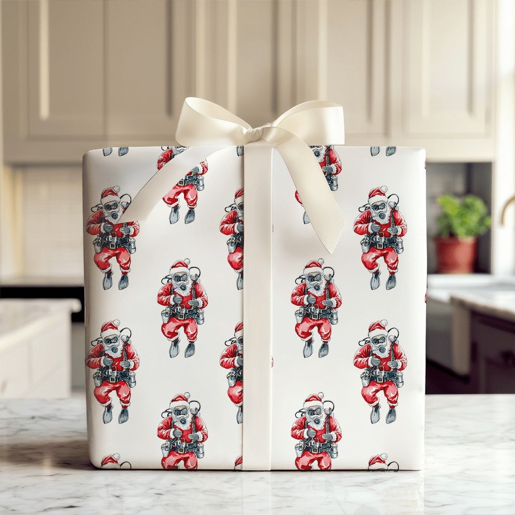 Humorous Scuba Santa Gift Wrap, Scuba Diving Santa Wrapping Paper, Ocean Christmas Wrapping Paper, Scuba Diver Holiday Gift W