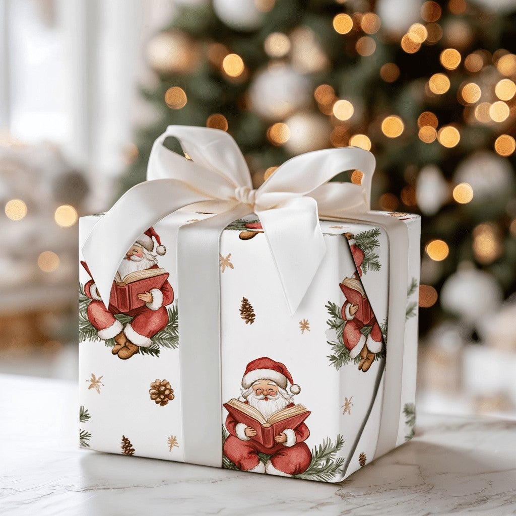 Book Lover Christmas Gift Wrap, Reading Santa Wrapping Paper, Vintage Watercolor Wrapping Paper, Pinecone Holiday Gift Wrap R