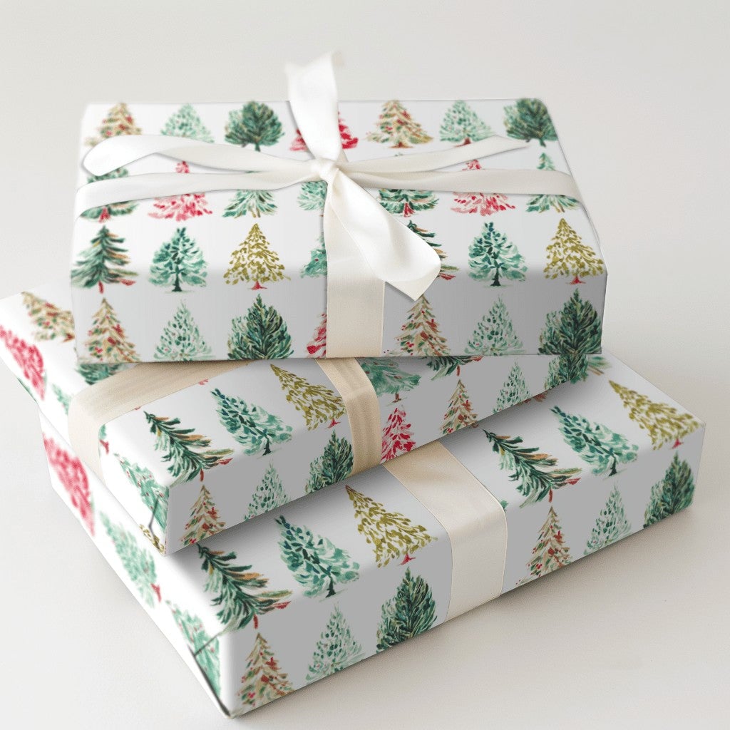 Pine Holiday Gift Wrap Paper, Watercolor Christmas Tree Wrapping Paper, Red Green Gold Gift Wrap Roll, Festive Present Wrappi