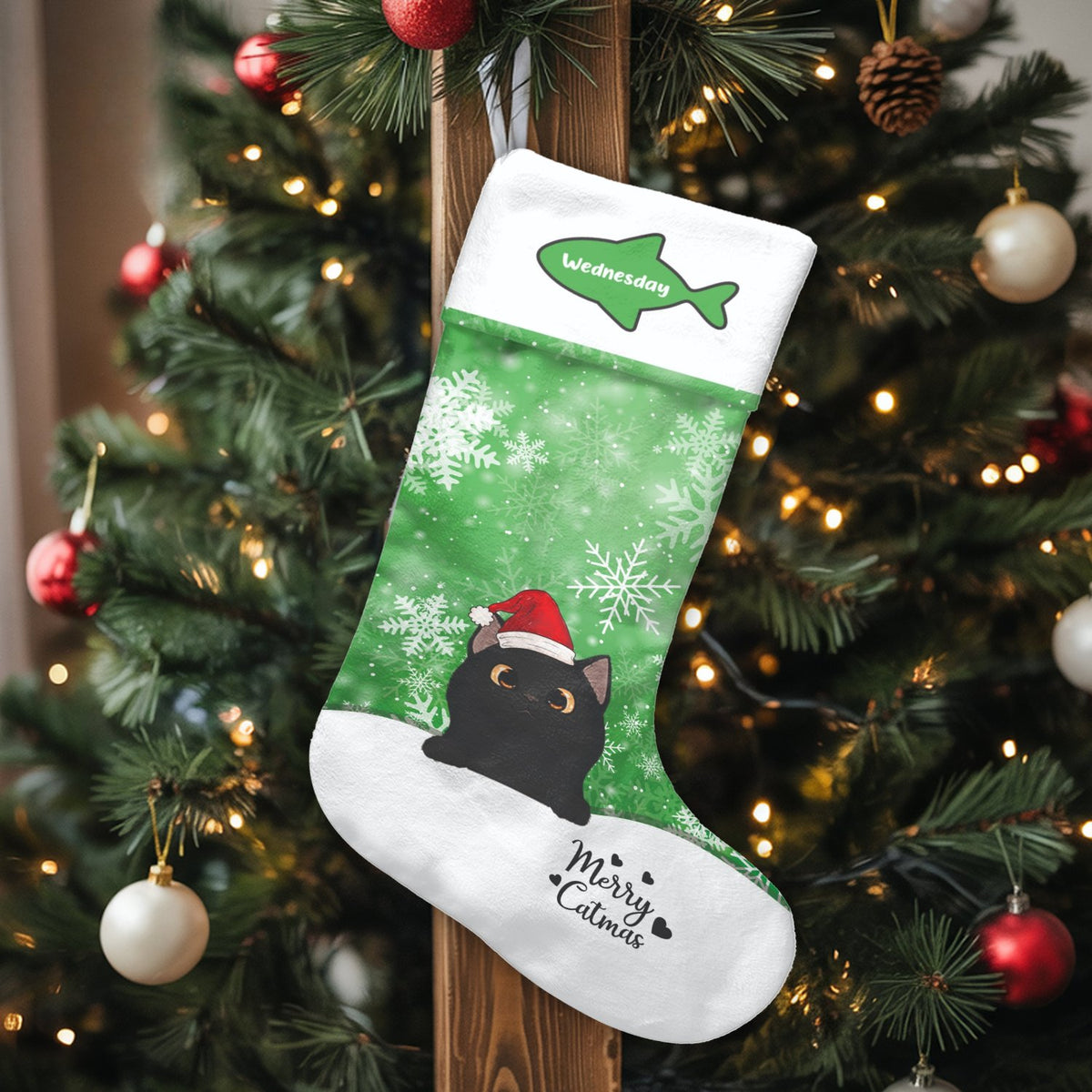 Merry Catmas Holiday Stocking, Personalized Black Cat Christmas Stocking, Custom Pet Name Christmas Stocking, Adorable Kitty 