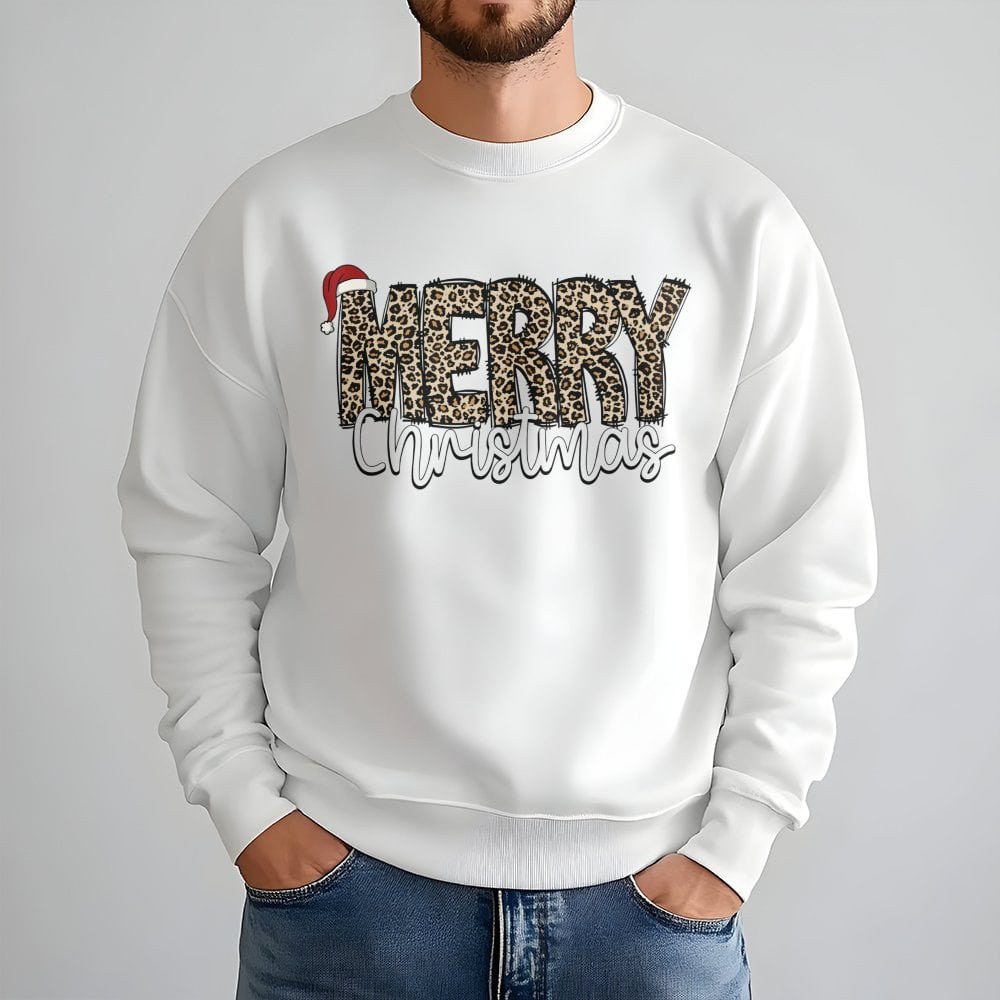 Santa Hat Holiday Sweater, Merry Christmas Leopard Print Sweatshirt, Adorable Winter Xmas Crewneck, Leopard Plaid Christmas P