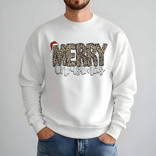 Santa Hat Holiday Sweater, Merry Christmas Leopard Print Sweatshirt, Adorable Winter Xmas Crewneck, Leopard Plaid Christmas P