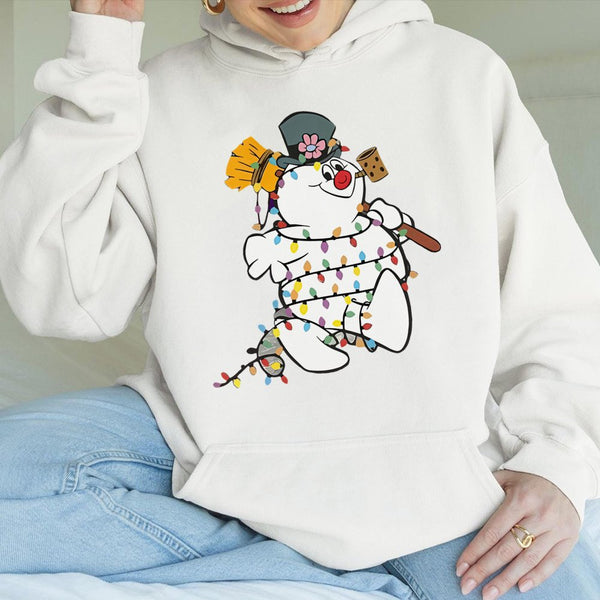 Festive Holiday Sweatshirt, Snowman Christmas Lights Hoodie, Adorable Winter Snowman Hooded Pullover, Xmas Graphic Sweater, C