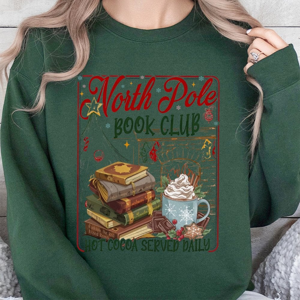 Comfy Christmas Reader Graphic Crewneck, North Pole Book Club Sweatshirt, Adorable Holiday Bookish Pullover, Xmas Book Lover 