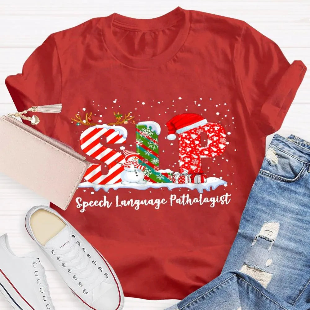 Speech Language Pathologist Tee, SLP Snowman Christmas Shirt, Holiday Speech Therapist T-Shirt, Winter SLP Graphic Tee, Speec