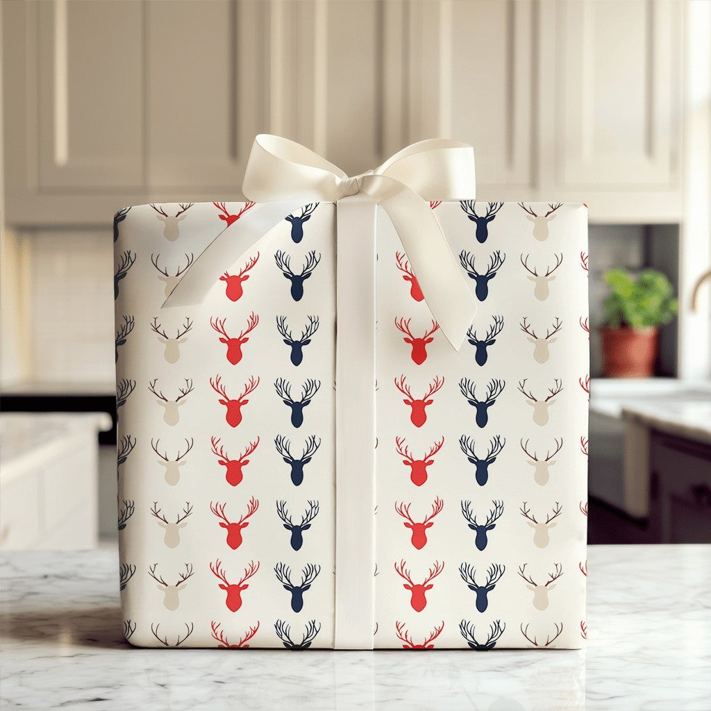 Modern Rustic Deer Gift Wrap, Reindeer Silhouette Christmas Wrapping Paper, Festive Winter Wrapping Paper, Holiday Season Pre