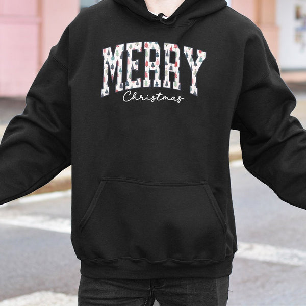 Festive Pattern Varsity Lettering Hoodie, Merry Christmas Hoodie, Retro Holiday Sweatshirt, Comfy Christmas Pullover, Xmas Pr