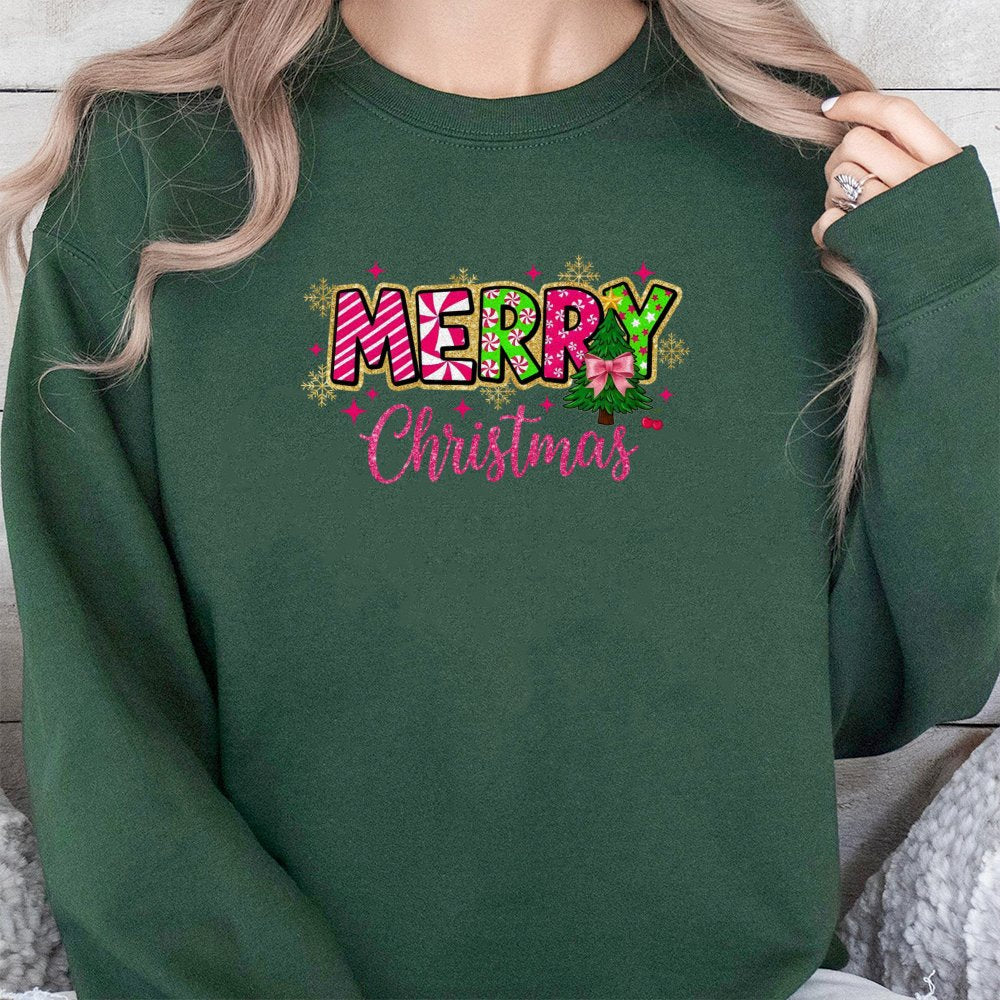 Candy Cane Tree Holiday Sweater, Merry Christmas Sweatshirt, Adorable Xmas Tree Crewneck, Festive Winter Sweatshirt, Women Ho