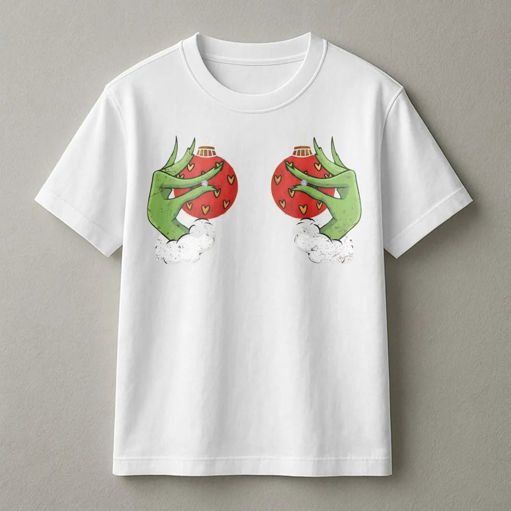 Stealing Ornament Graphic Tee, Green Monster Hand Christmas T-Shirt, Sarcastic Holiday Who Stole Xmas Shirt, Festive Movie Vi