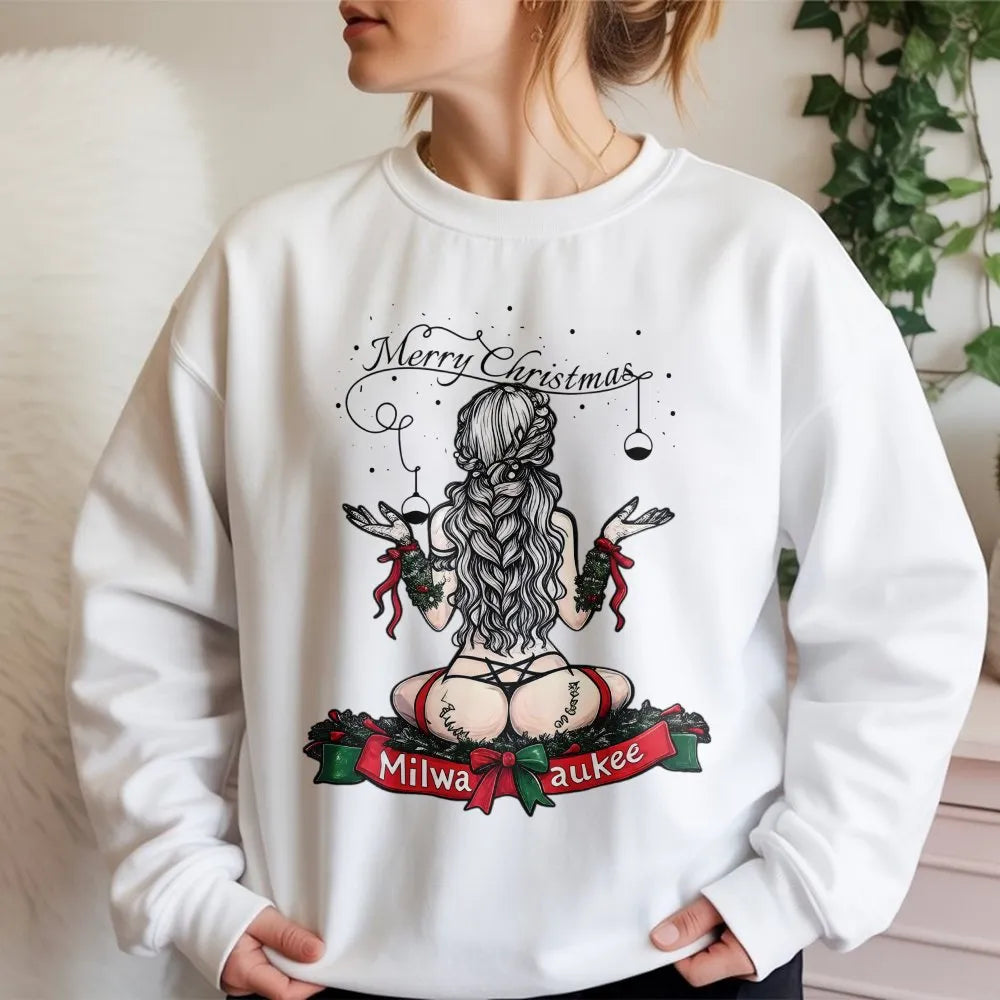 Naughty Holiday Pin-Up Mechanic Sweater, Milwaukee Christmas Sweatshirt, Humorous Xmas Party Tool Crewneck, Adult Christmas P