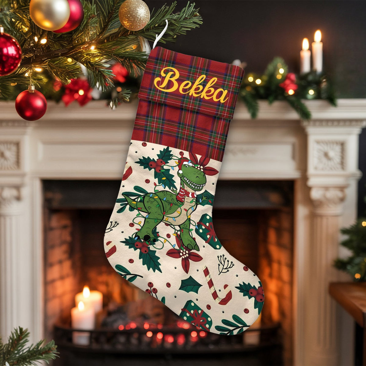 Custom Name Red Plaid Stocking, Personalized Dinosaur Christmas Stocking, Dino Holiday Mantel Decor, Velboa Kids Christmas St
