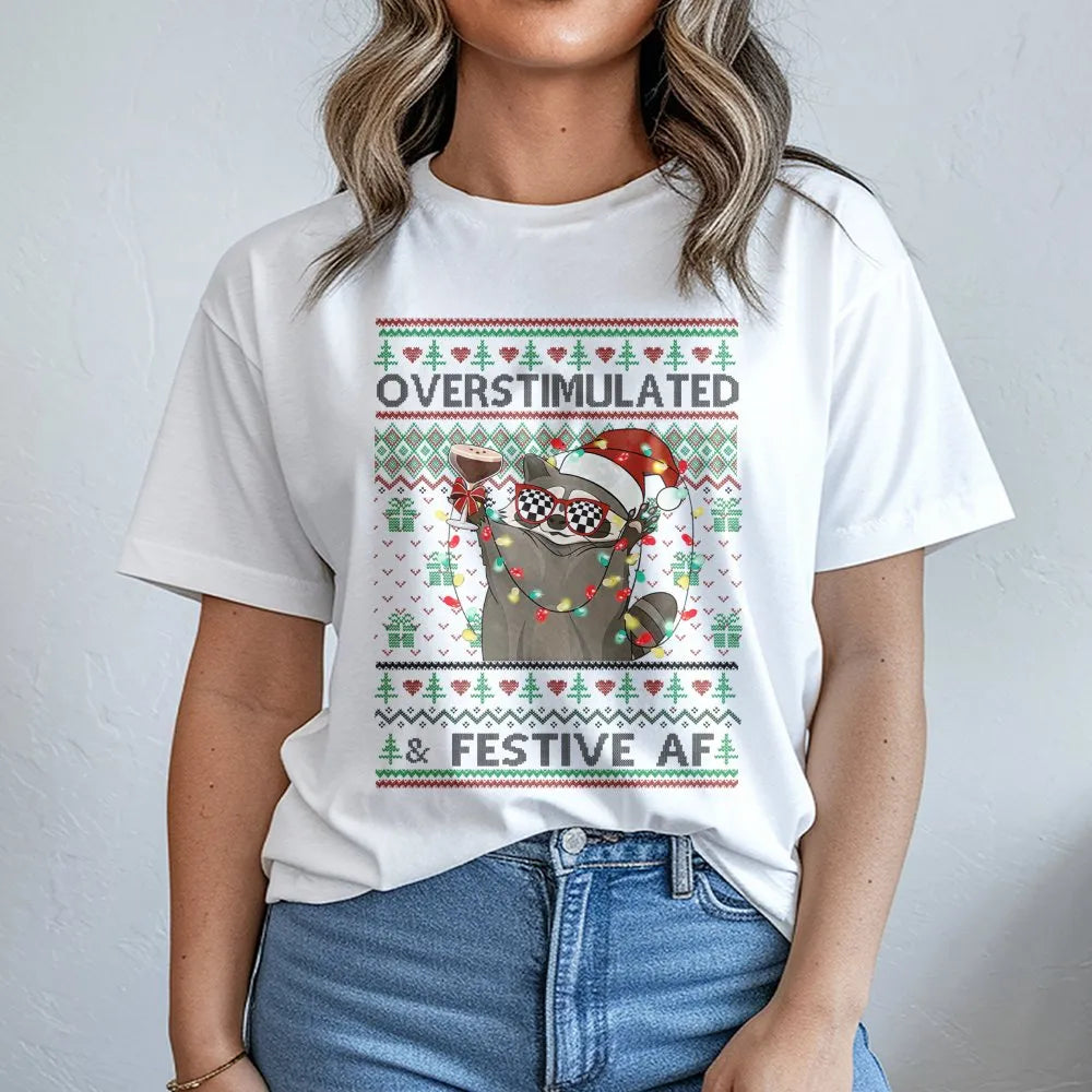 Humorous Holiday Animal Graphic Tee, Overstimulated and Festive AF Raccoon Shirt, Christmas Raccoon T-Shirt, Adorable Xmas Hu