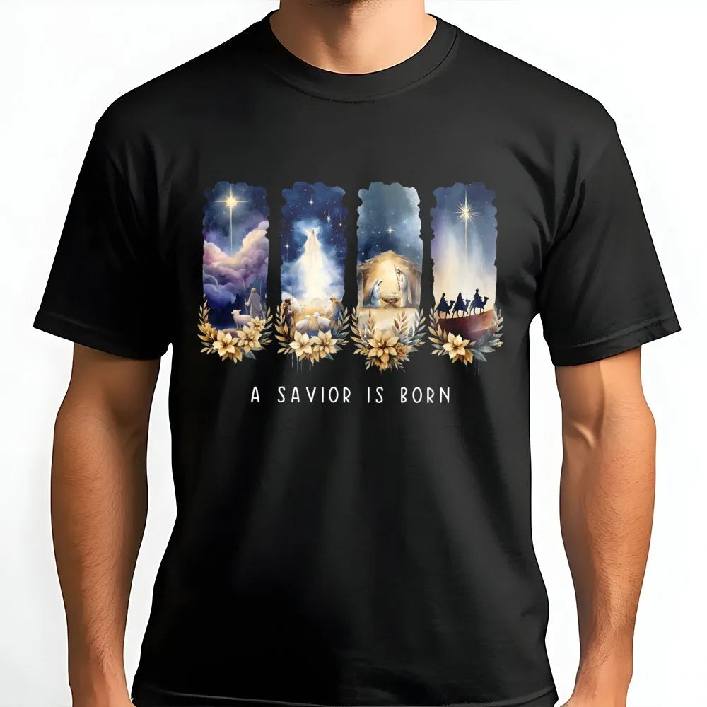 Watercolor Nativity Christmas Shirt, A Savior Is Born T-Shirt, Christian Holiday Graphic Tee, Religious Xmas T-Shirt, Faith P
