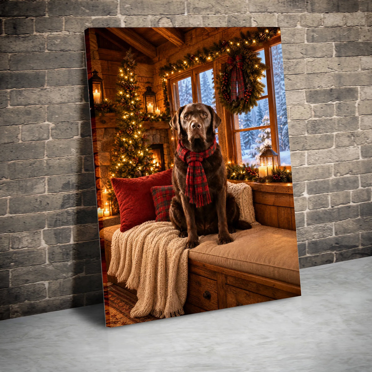 Plaid Scarf Labrador Holiday Wall Art, Christmas Chocolate Lab Canvas, Comfy Cabin Dog Christmas Print, Rustic Labrador Canva