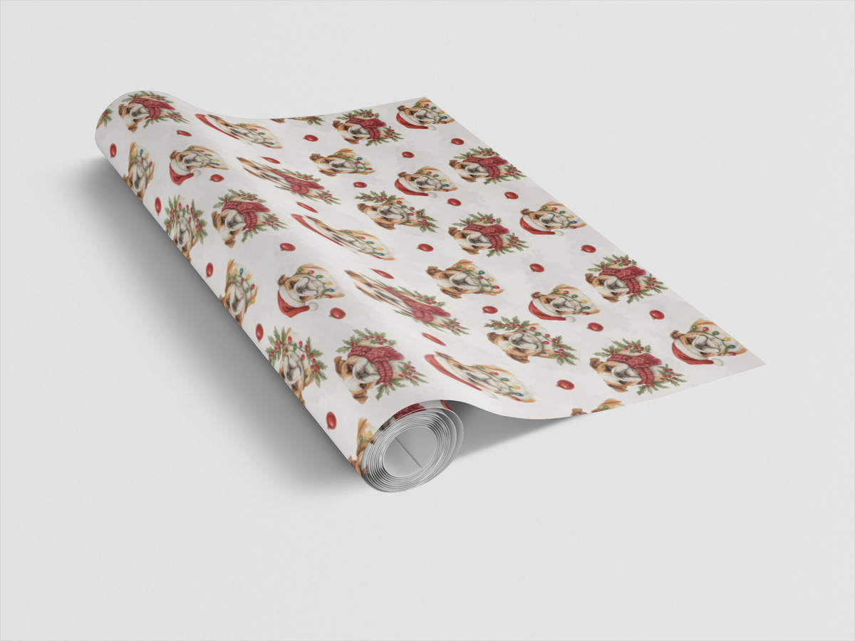 Festive Bulldog Gift Wrap, Bulldog Christmas Wrapping Paper, Holiday Dog Wrapping Paper Roll, Dog Lover Xmas Wrapping Paper, 