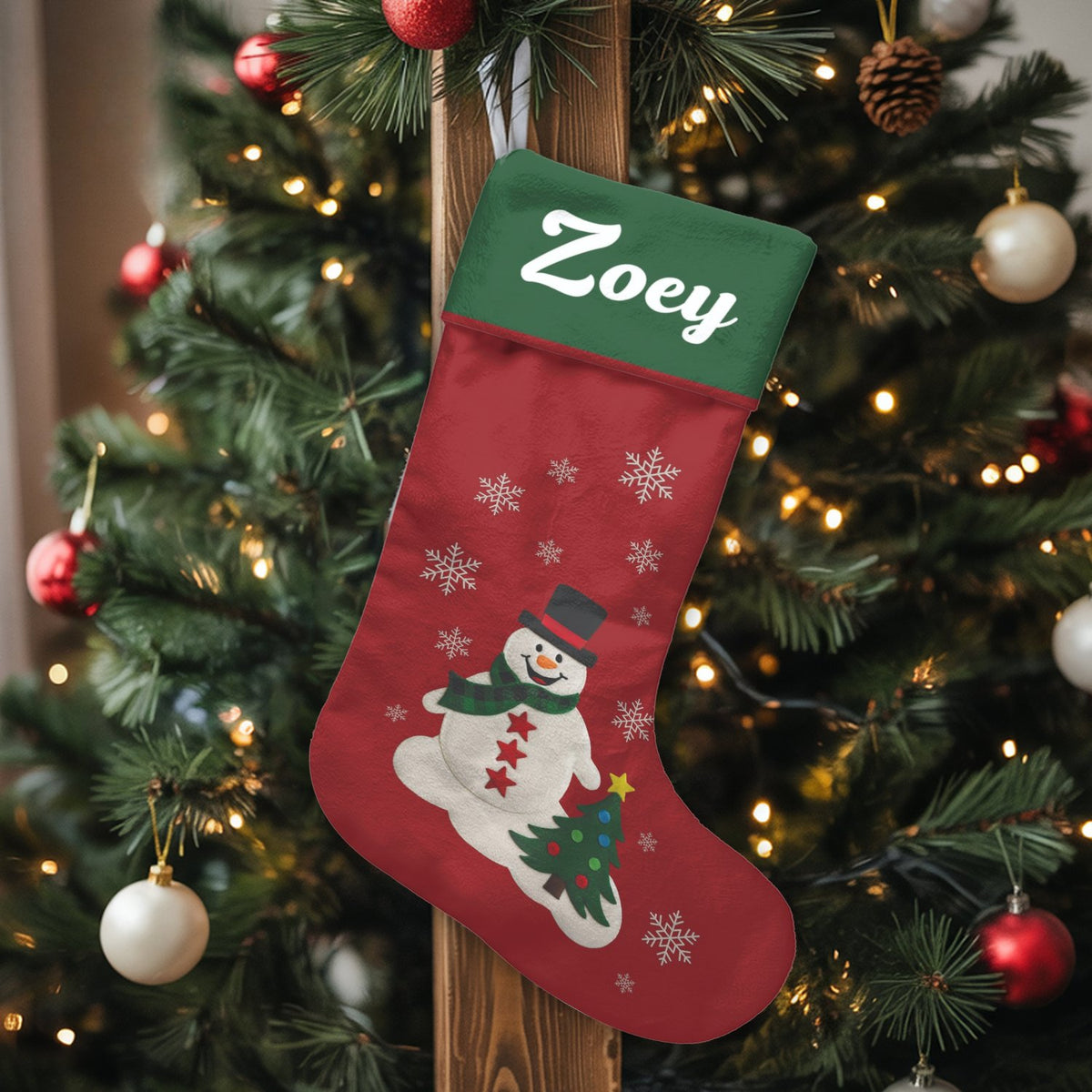 Winter Tree Holiday Stocking, Personalized Snowman Christmas Stocking, Custom Christmas Stocking, Festive Mantel Decor, Famil