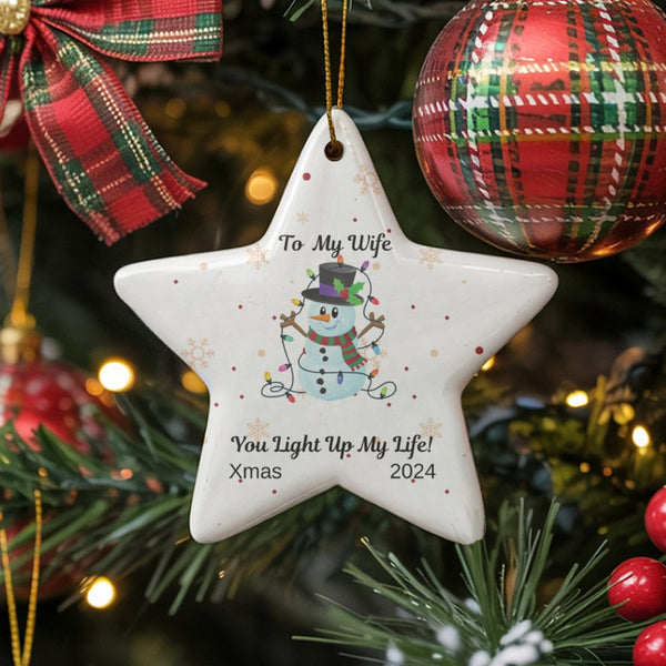 Wife Christmas Ornament, To My Wife Snowman Star Ornament, Light Up My Life Star Ornament, Romantic Ceramic Keepsake Present 