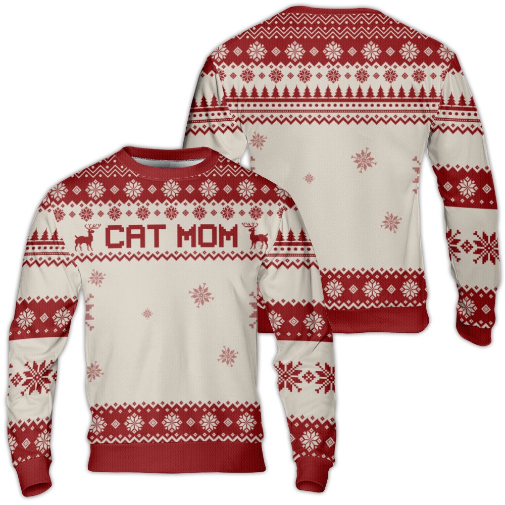 Fair Isle Reindeer Snowflake Holiday Sweater, Cat Mom Ugly Christmas Sweater, Adorable Cat Lover Crewneck, Kitten Pet Mom Xma