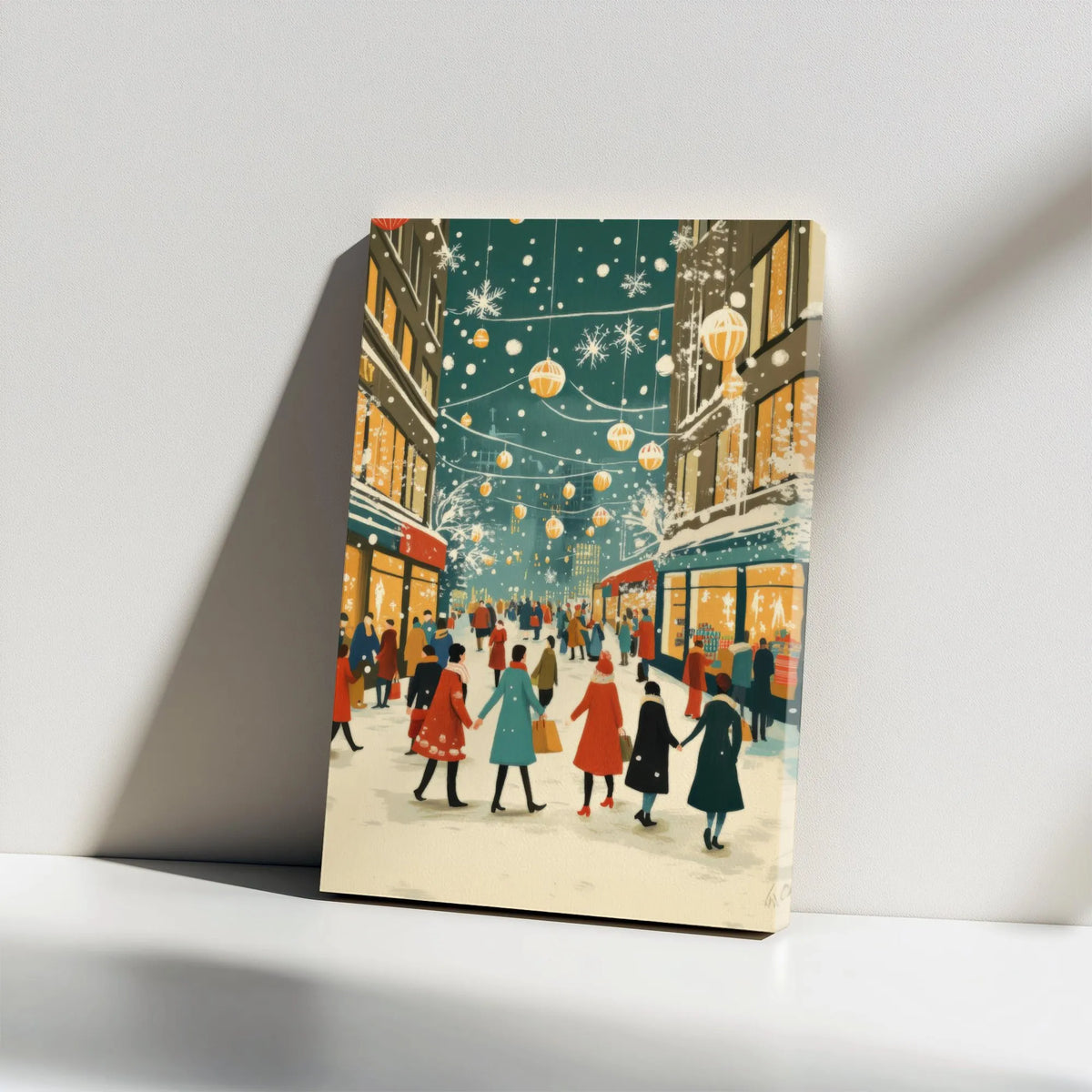 Winter City Street Canvas, Christmas Shopping Canvas Print, Snowy Holiday Street Wall Art, Festive Town Canvas, Holiday Home 